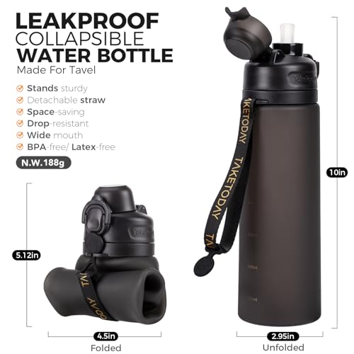 TakeToday Collapsible Water Bottles 21oz (600mL), Foldable Platinum Silicone Travel Water Bottle with Straw & Carry Strap, Leak-Resistant Screw Lid, Wide Mouth, BPA-Free for Hiking, Camping, Travel