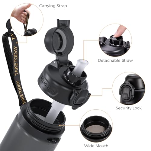TakeToday Collapsible Water Bottles 21oz (600mL), Foldable Platinum Silicone Travel Water Bottle with Straw & Carry Strap, Leak-Resistant Screw Lid, Wide Mouth, BPA-Free for Hiking, Camping, Travel