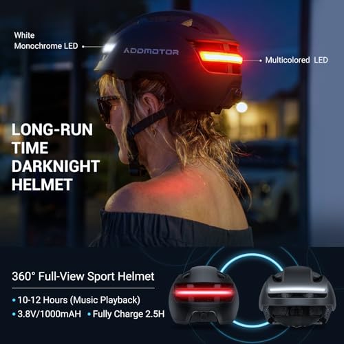 ADDMOTOR Smart Bike Helmet for Adults Men Women, Ebike Helmet with Bluetooth, Certified Helmet for Bicycle and Scooter with Built-in Speakers, Front & Rear LED Lights, iOS & Android App