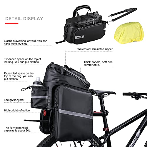 HUNTVP Bike Trunk Bag Expandable 11-30L Rack Bags Bike Pannier Bags Rear Seat Bag Handbag for Bicycle Cargo Rack Saddle Bag Bicycle Commuter Shoulder Luggage Bag