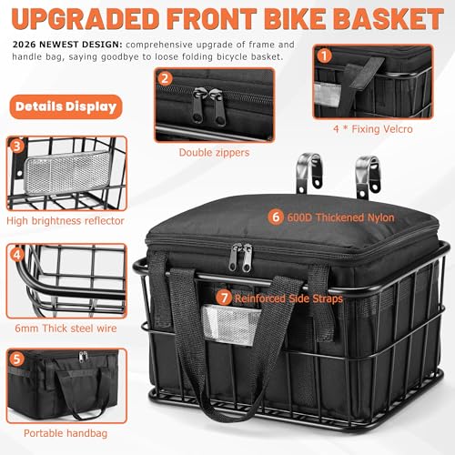 CDYWD Bike Basket Front with Removable Liner Bag, Large Bicycle Front Basket for Men Women, Heavy Duty Metal Bike Cargo Basket for Adult Bikes, Ebike, Electric Bike, Mountain Bike, City Bike, Cruiser