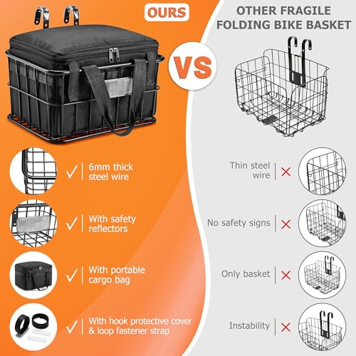CDYWD Bike Basket Front with Removable Liner Bag, Large Bicycle Front Basket for Men Women, Heavy Duty Metal Bike Cargo Basket for Adult Bikes, Ebike, Electric Bike, Mountain Bike, City Bike, Cruiser