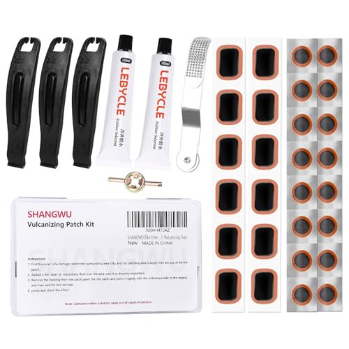 SHANGWU 35 PCS Bike Tire Repair Kit, Bicycle Inner Tube Patch Kit with 28 PCS Vulcanizing Patches,Rubber Solution, Metal Rasp, Bike Tire Levers, Bike Patch Kit with Portable Box for MTB BMX Road Bike