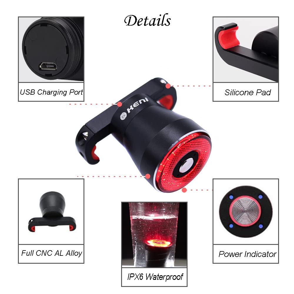 G Keni Smart Brake Sensing Rear Bike Lights, Auto Light Sensing Bike Tail Light, IPX6 Waterproof, Ultra Bright LED Taillights, Rechargeable Safety Road Back Bicycle Lights for Night Riding