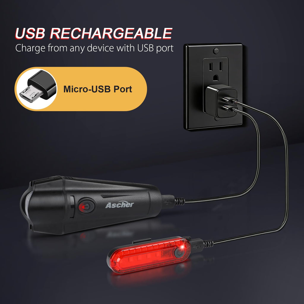 Ascher Ultra Bright USB Rechargeable Bike Light Set, Powerful Bicycle Front Headlight and Back Taillight, 4 Light Modes, Easy to Install for Men Women Kids Road Mountain Cycling