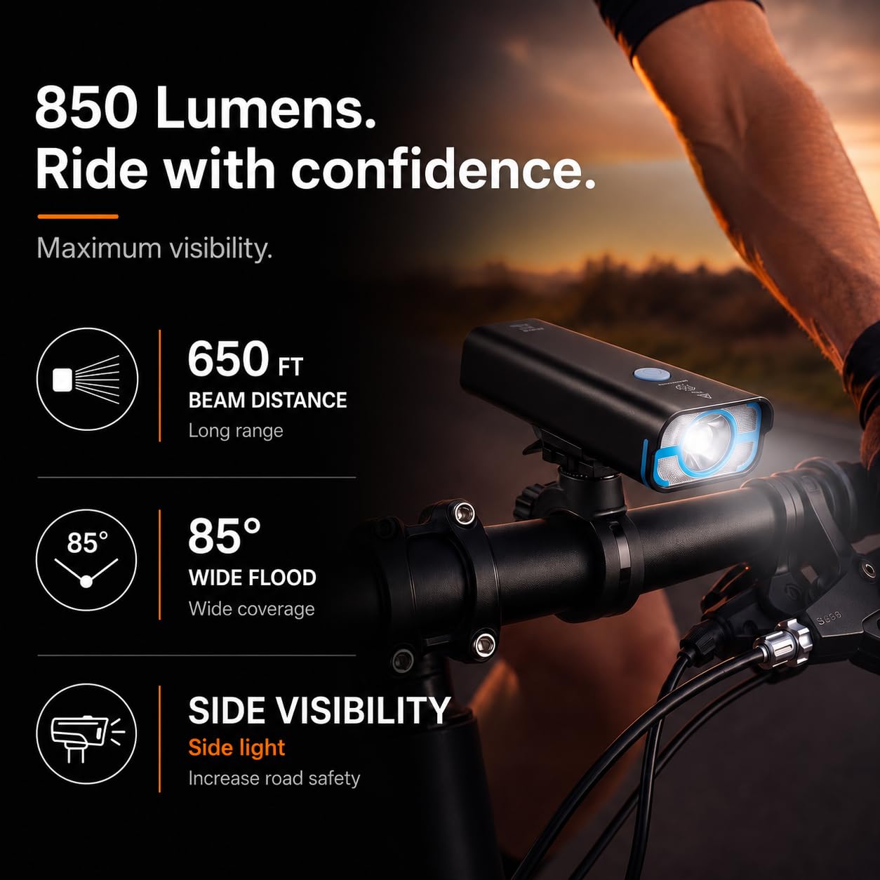 BrightRoad 850 Lumens Front Bike Light, Rechargeable Bike Headlight with 5 Modes, MTB Bicycle Light for Night Riding, 85° Wide Beam, 650ft Visibility, IPX4 Waterproof, Upgraded Handlebar Mount