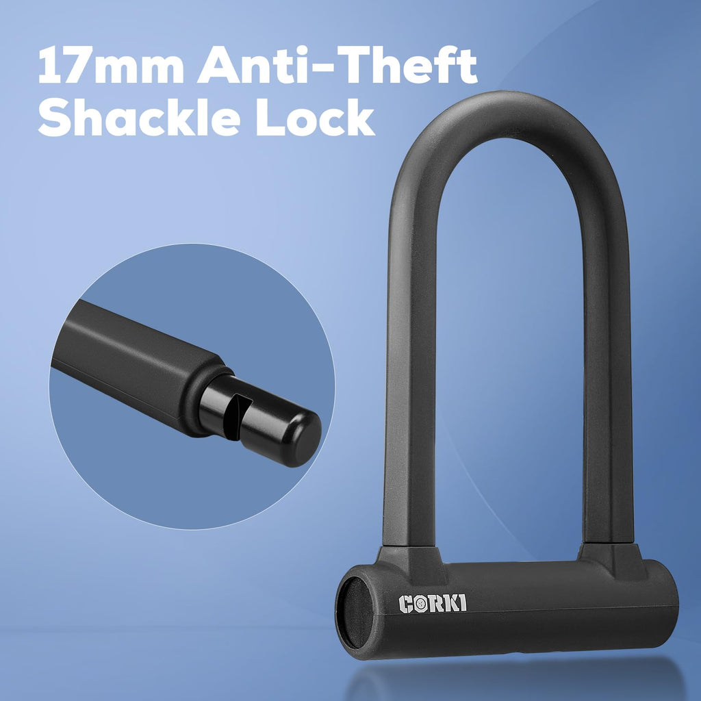 Corki Bike Lock Heavy Duty Anti Theft U Lock with 5ft Security Cable and Keys 17mm Schackle Electric Scooter Lock, Bicycle Lock with Mounting Bracket for Ebike Motorcycle -Black