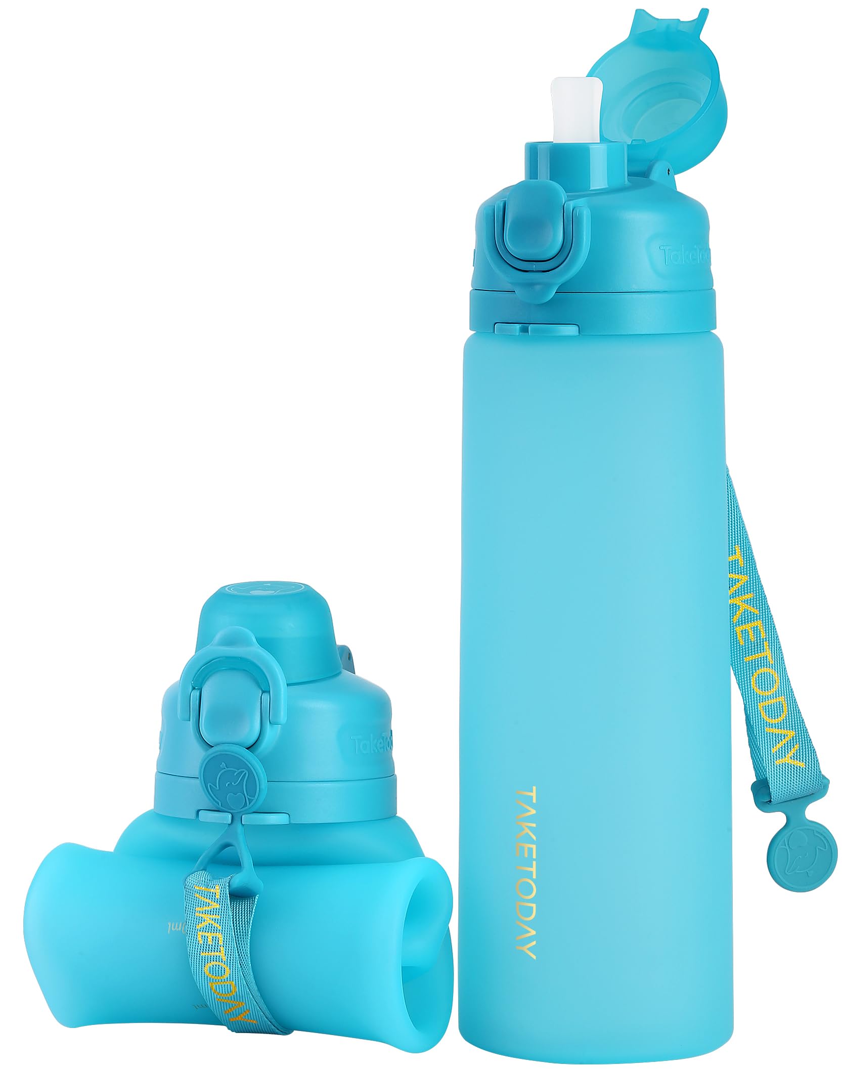 TakeToday Collapsible Water Bottles 21oz (600mL), Foldable Platinum Silicone Travel Water Bottle with Straw & Carry Strap, Leak-Resistant Screw Lid, Wide Mouth, BPA-Free for Hiking, Camping, Travel