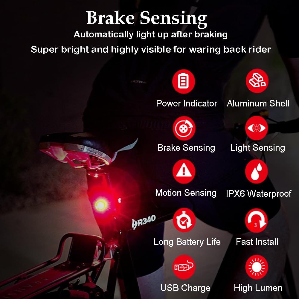 G Keni Smart Brake Sensing Rear Bike Lights, Auto Light Sensing Bike Tail Light, IPX6 Waterproof, Ultra Bright LED Taillights, Rechargeable Safety Road Back Bicycle Lights for Night Riding