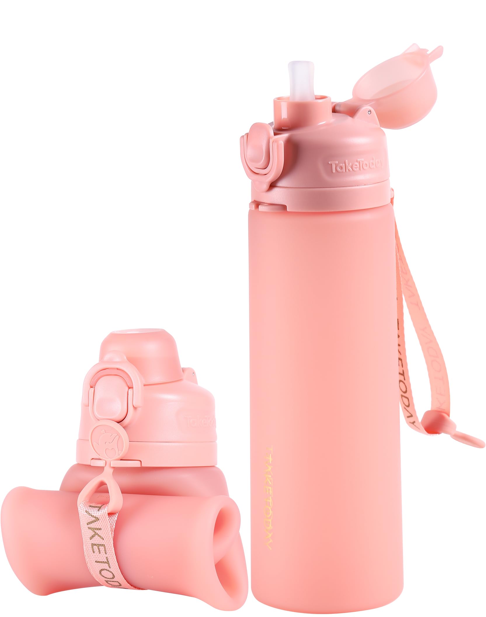 TakeToday Collapsible Water Bottles 21oz (600mL), Foldable Platinum Silicone Travel Water Bottle with Straw & Carry Strap, Leak-Resistant Screw Lid, Wide Mouth, BPA-Free for Hiking, Camping, Travel