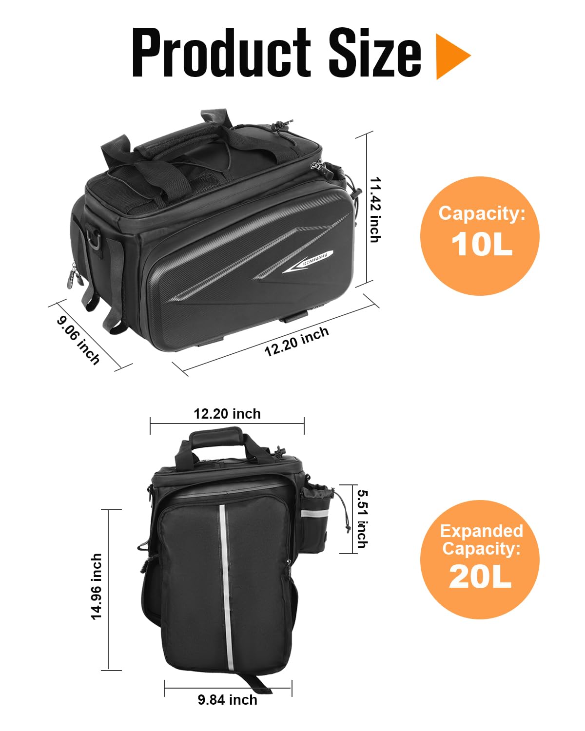 Febabilo Bike Rack Bag, 20L EVA Hard Shell Bike Trunk Rear Rack Bag Bike Panniers Expandable 3 in 1 Waterproof Tin foil Insulation Bike Bag With Rain Cover for Commute Shopping Cycling Trip