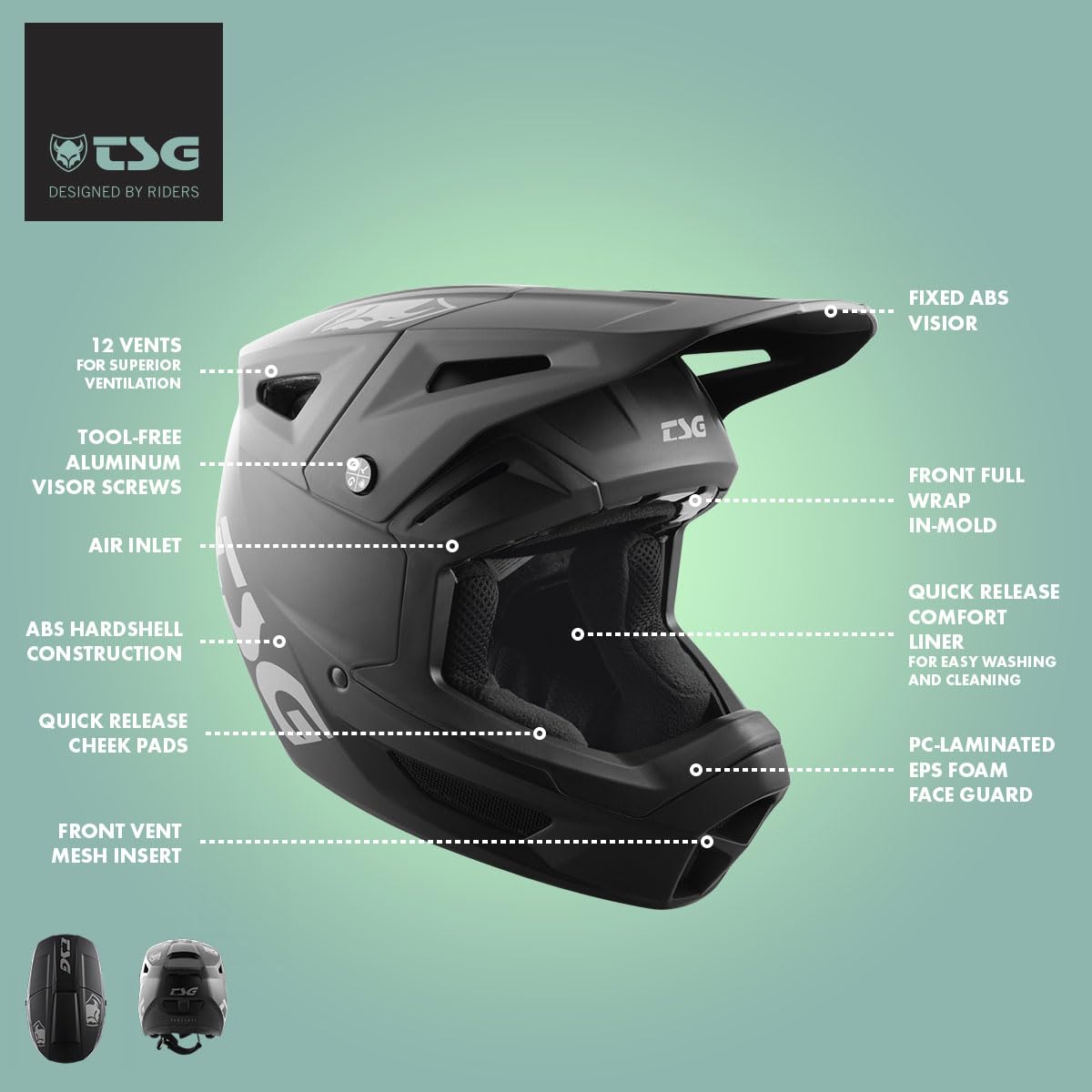 TSG Sentinel Fullface Downhill Mountain Bike Helmet, Black, ABS Outershell, Full Frame EPS Protection, PC Laminated EPS Chinbar, 12 Vents, Wide Eyeports, Precision Visor, Removable Liners & Cheek Pads