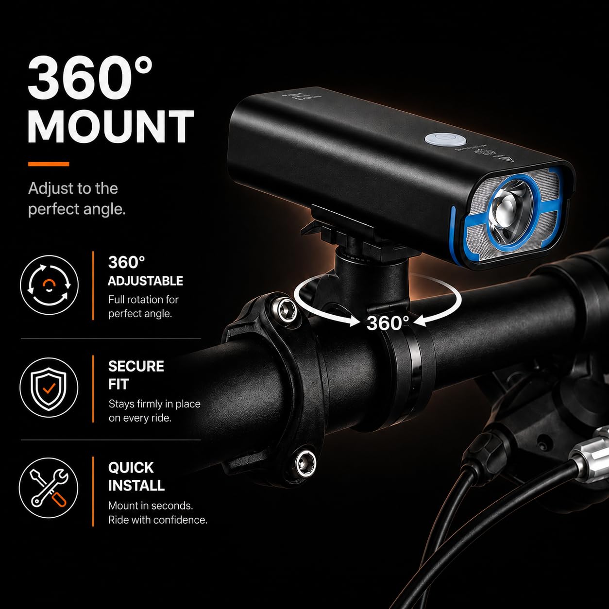 BrightRoad 850 Lumens Front Bike Light, Rechargeable Bike Headlight with 5 Modes, MTB Bicycle Light for Night Riding, 85° Wide Beam, 650ft Visibility, IPX4 Waterproof, Upgraded Handlebar Mount