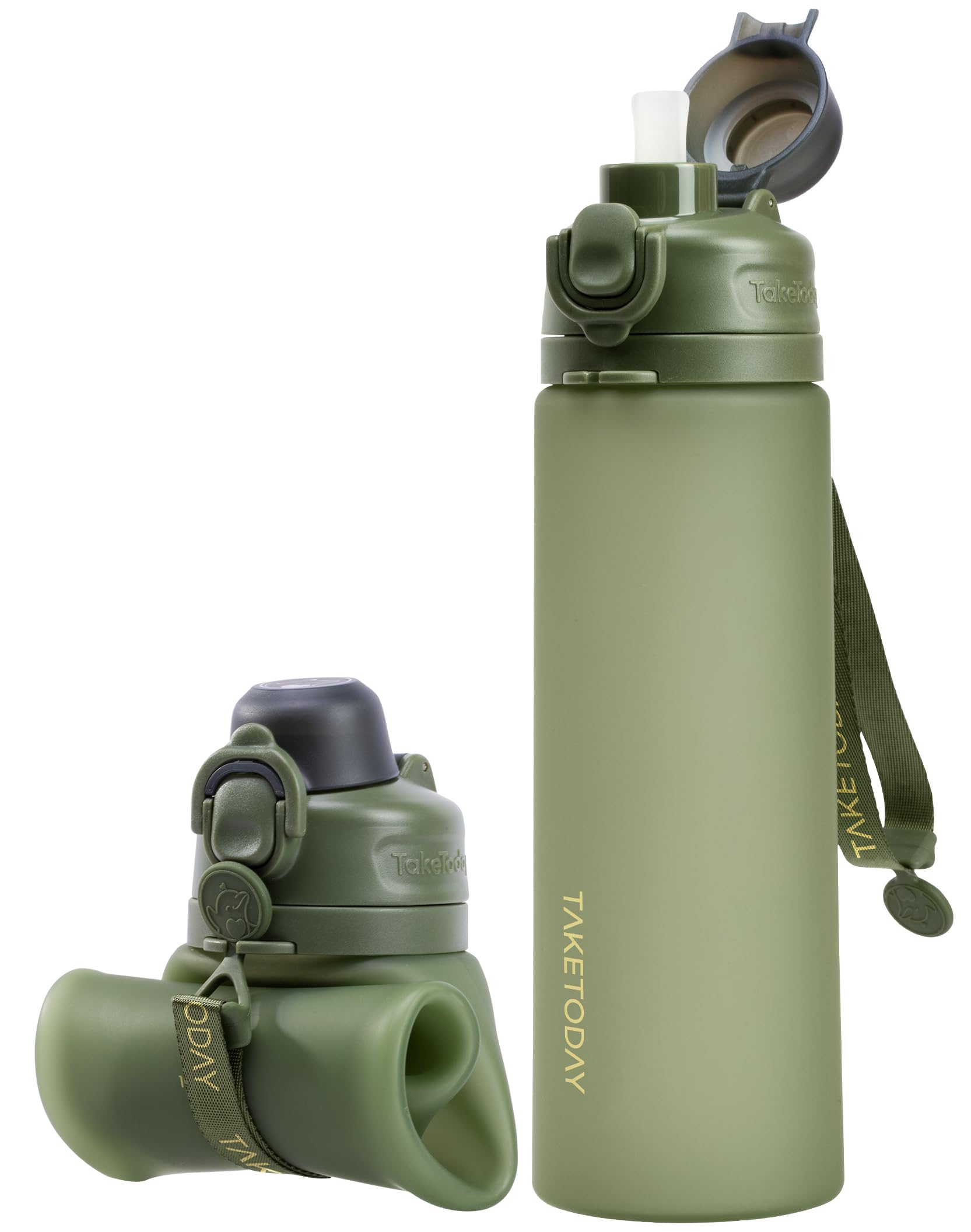 TakeToday Collapsible Water Bottles 21oz (600mL), Foldable Platinum Silicone Travel Water Bottle with Straw & Carry Strap, Leak-Resistant Screw Lid, Wide Mouth, BPA-Free for Hiking, Camping, Travel