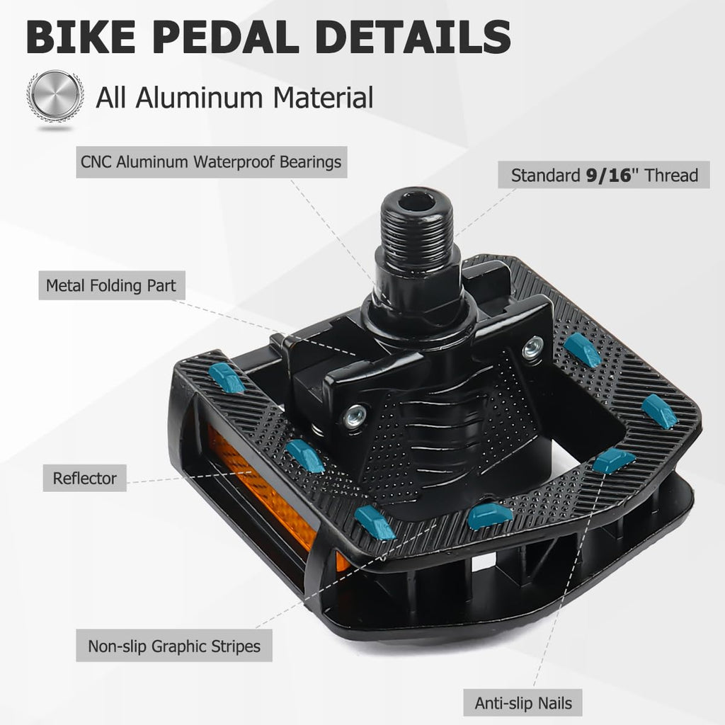 Folding Bike Pedals, Mountain Bike Pedals CNC Aluminum Bicycle Flat Pedals, 9/16'' with Reflective Strips | Non-Slip | Waterproof | Wide Flat Cycling Pedals for E-Bike, Urban Commute, MTB Bikes