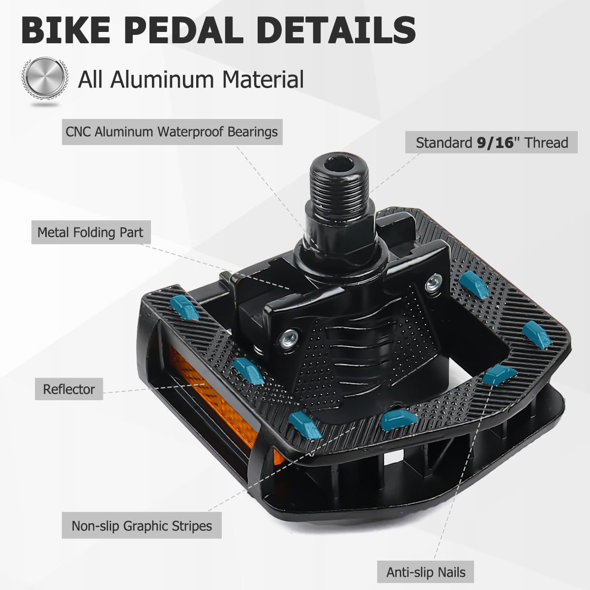 Folding Bike Pedals, Mountain Bike Pedals CNC Aluminum Bicycle Flat Pedals, 9/16'' with Reflective Strips | Non-Slip | Waterproof | Wide Flat Cycling Pedals for E-Bike, Urban Commute, MTB Bikes