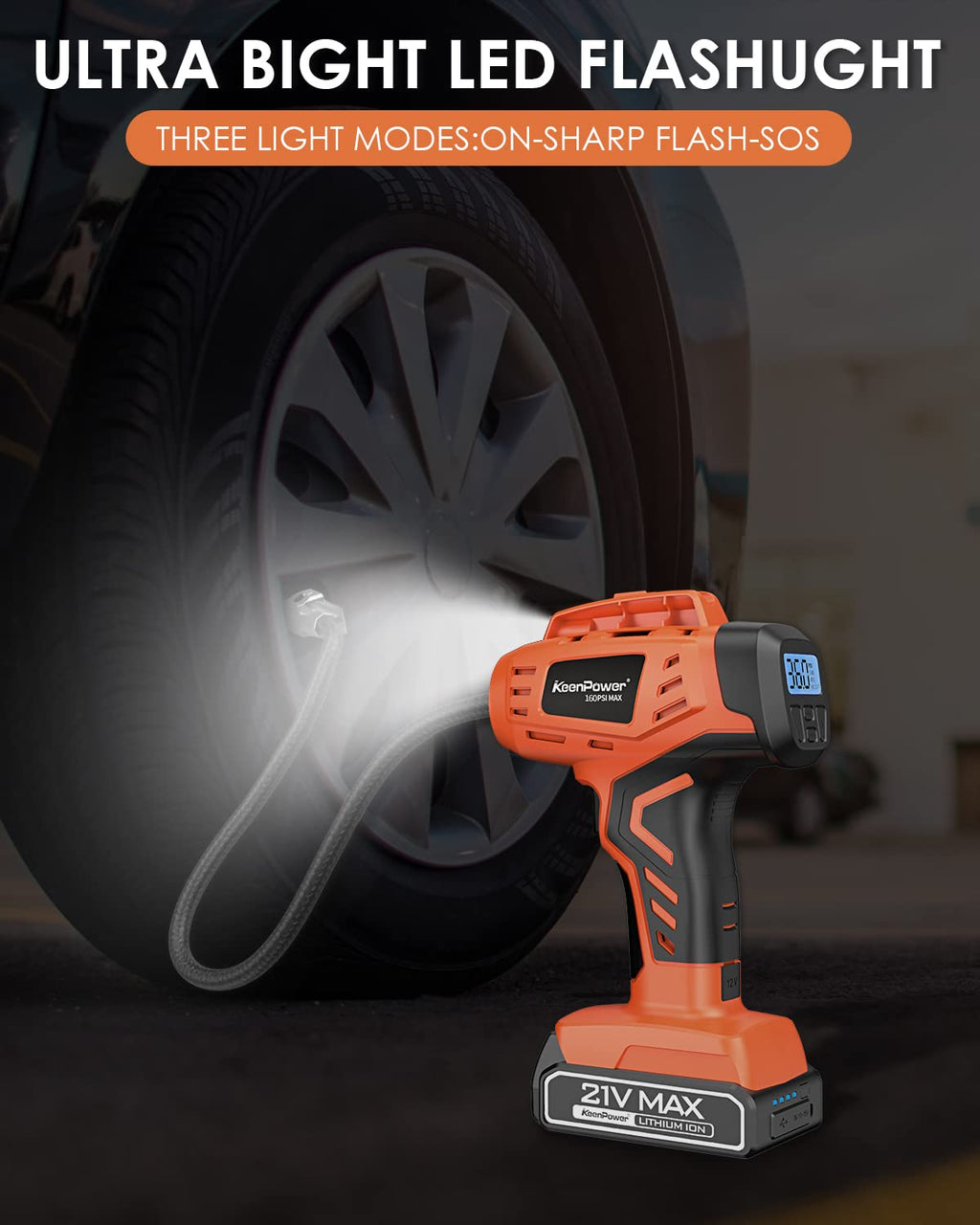KeenPower Tire Inflator Portable Air Compressor - 2X Faster - 21V Rechargeable Battery Powered Handheld 160PSI Tire Inflator, Dual Power Supply Modes, Portable Air Pump for Car Motorcycle E-Bike