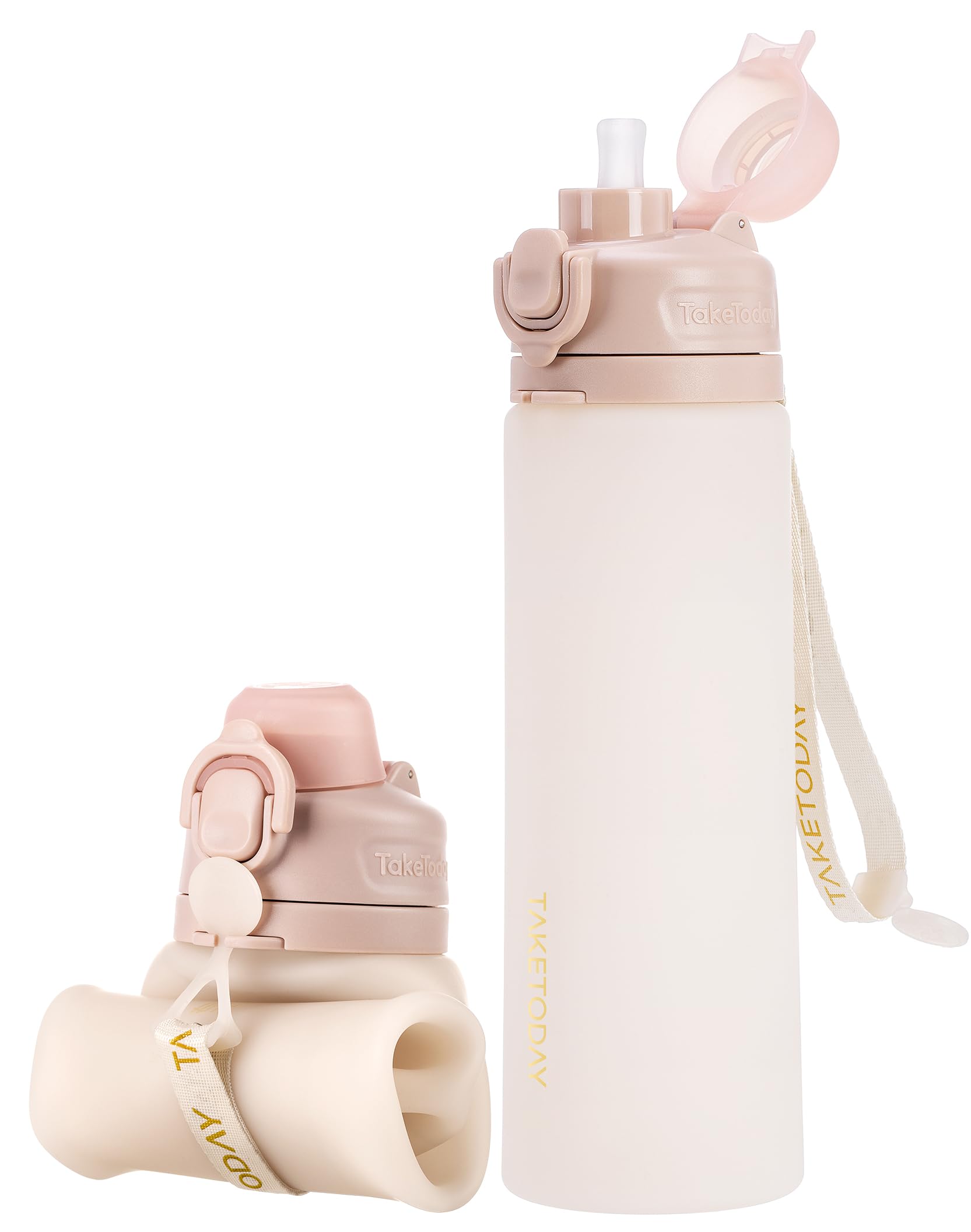 TakeToday Collapsible Water Bottles 21oz (600mL), Foldable Platinum Silicone Travel Water Bottle with Straw & Carry Strap, Leak-Resistant Screw Lid, Wide Mouth, BPA-Free for Hiking, Camping, Travel