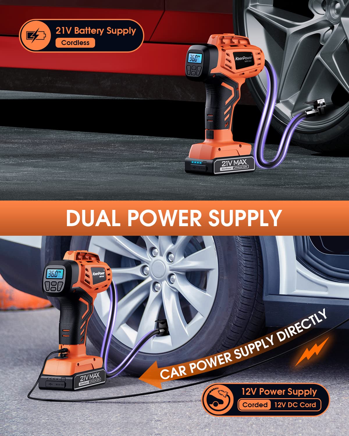 KeenPower Tire Inflator Portable Air Compressor - 2X Faster - 21V Rechargeable Battery Powered Handheld 160PSI Tire Inflator, Dual Power Supply Modes, Portable Air Pump for Car Motorcycle E-Bike