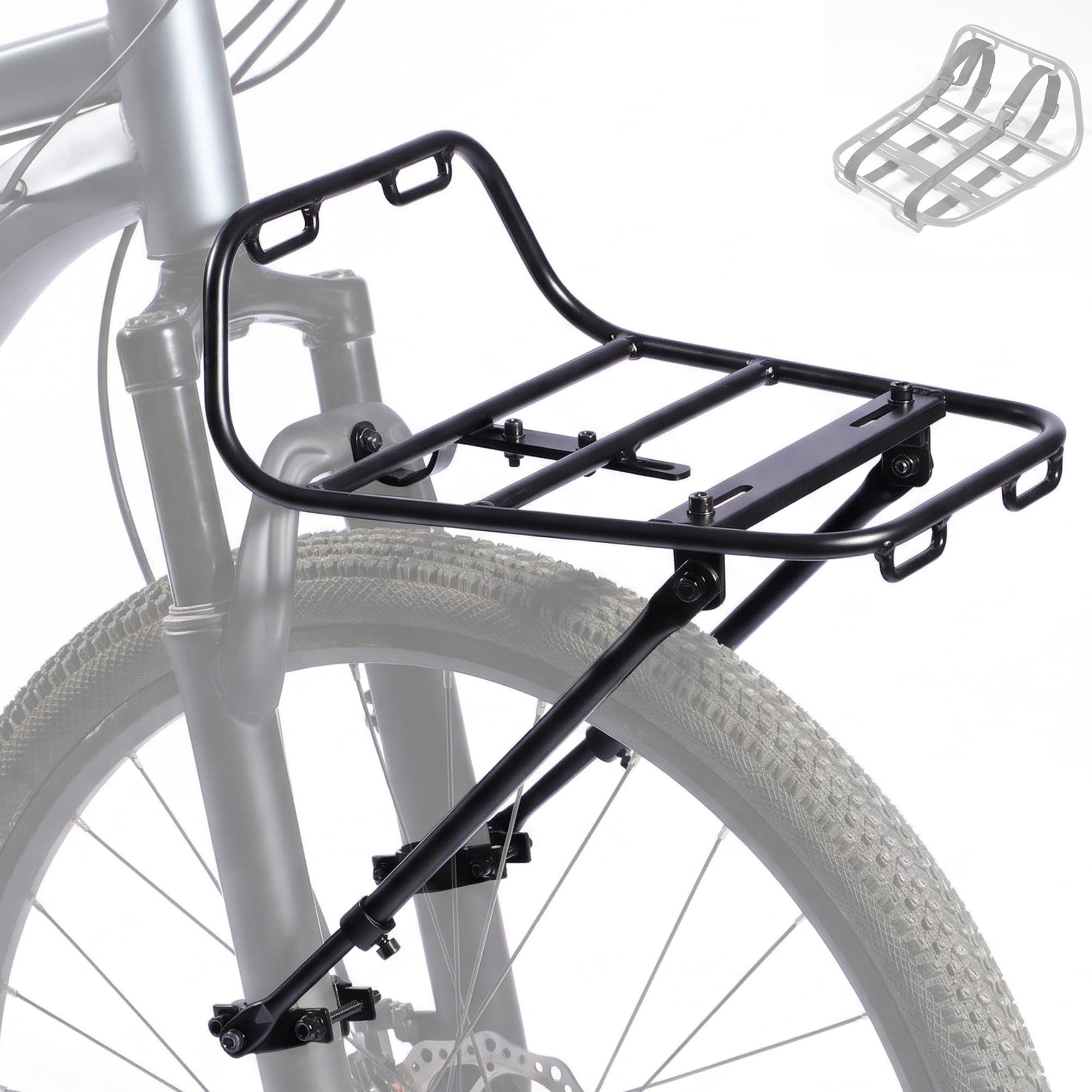 Bike Front Rack - Front Bicycle Cargo Rack with Support Struts & Adjustable Straps - Aluminium Front Cargo Pizza Rack, Stable & No Rattle, Universal Fit for Mountain, Gravel & Touring Bikes