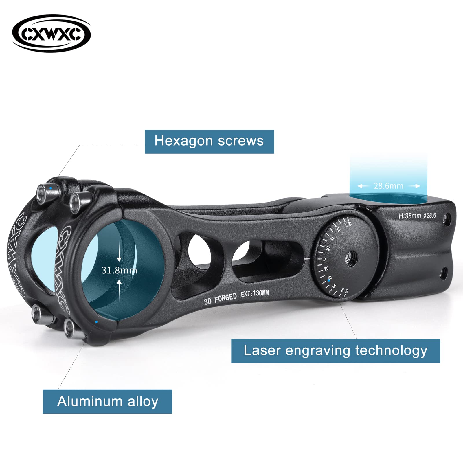 CXWXC Adjustable MTB Stem 31.8mm 70 Degree - 90/110/145mm Bike Stem Riser for Handlebar - Aluminum Alloy Mountain Bike Handlebar Riser Extender for MTB Road City Bike Bicycle