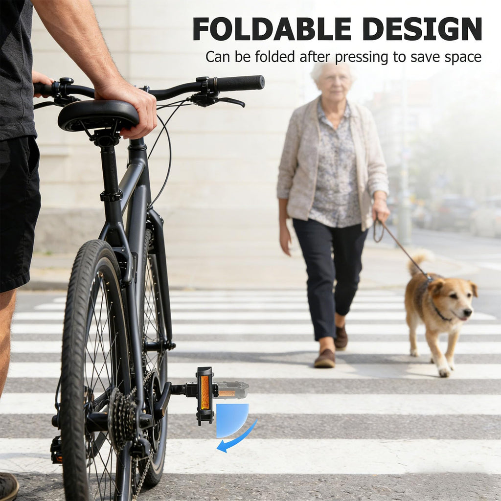 Folding Bike Pedals, Mountain Bike Pedals CNC Aluminum Bicycle Flat Pedals, 9/16'' with Reflective Strips | Non-Slip | Waterproof | Wide Flat Cycling Pedals for E-Bike, Urban Commute, MTB Bikes