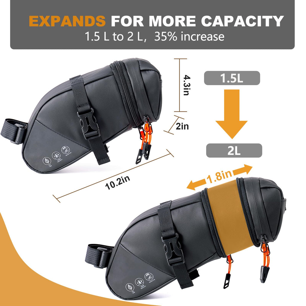 NDakter Bike Saddle Bag Waterproof Bike Seat Bag Expandable to 2L Reflective Bicycle Under Seat Storage Pouch