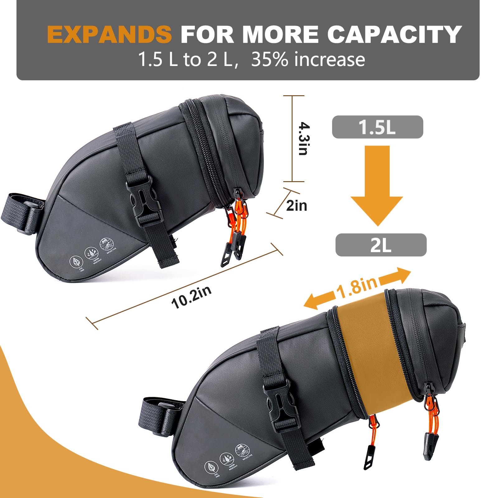 NDakter Bike Saddle Bag Waterproof Bike Seat Bag Expandable to 2L Reflective Bicycle Under Seat Storage Pouch