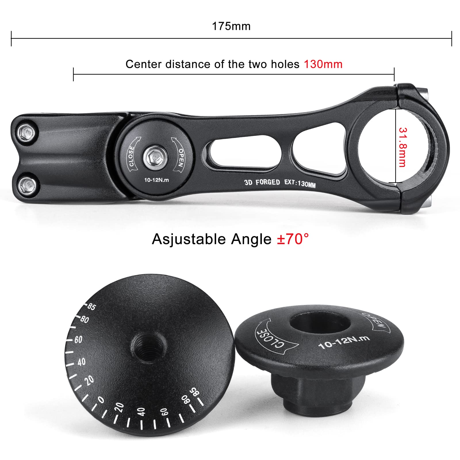 CXWXC Adjustable MTB Stem 31.8mm 70 Degree - 90/110/145mm Bike Stem Riser for Handlebar - Aluminum Alloy Mountain Bike Handlebar Riser Extender for MTB Road City Bike Bicycle