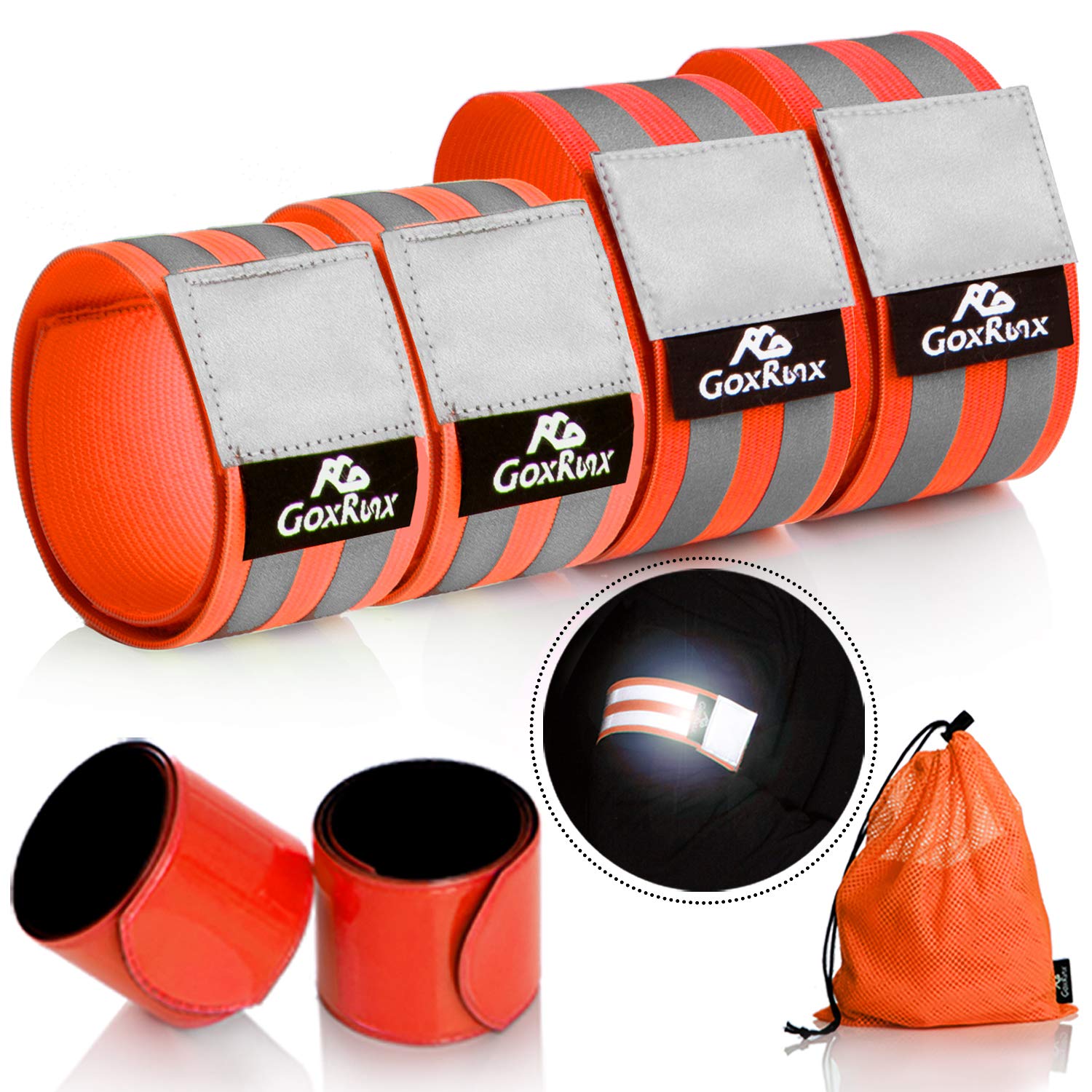 GoxRunx Reflective Bands Running Gear 6 Pack-Adjustable Reflective Armband Arm Wrist Ankle Leg Bands Reflectors -Reflective Tape Straps for Clothing Night Running Cycling Walking -Slap Bracelets