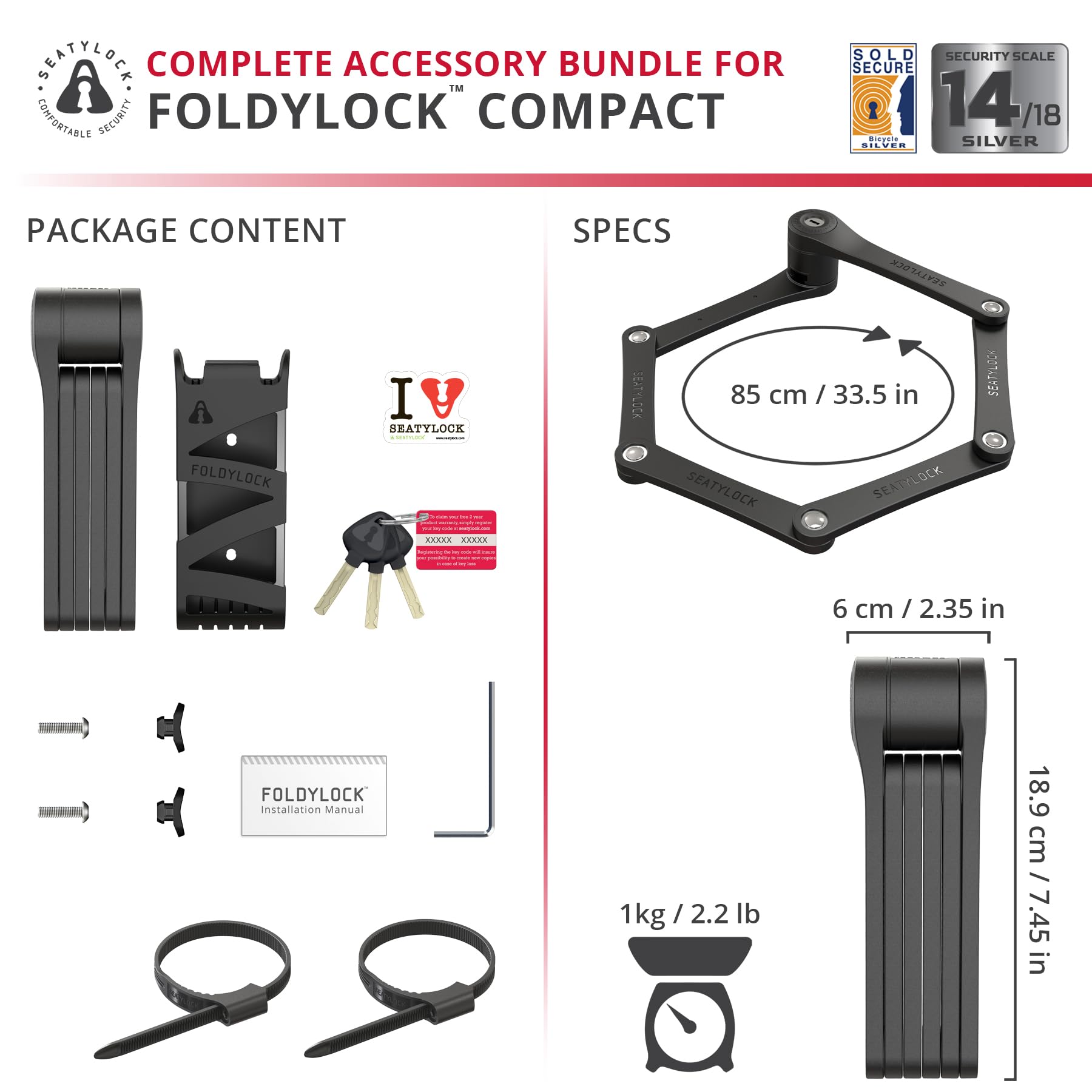 Seatylock FoldyLock Compact Lightweight Patented Folding Bike Lock 33.5 in