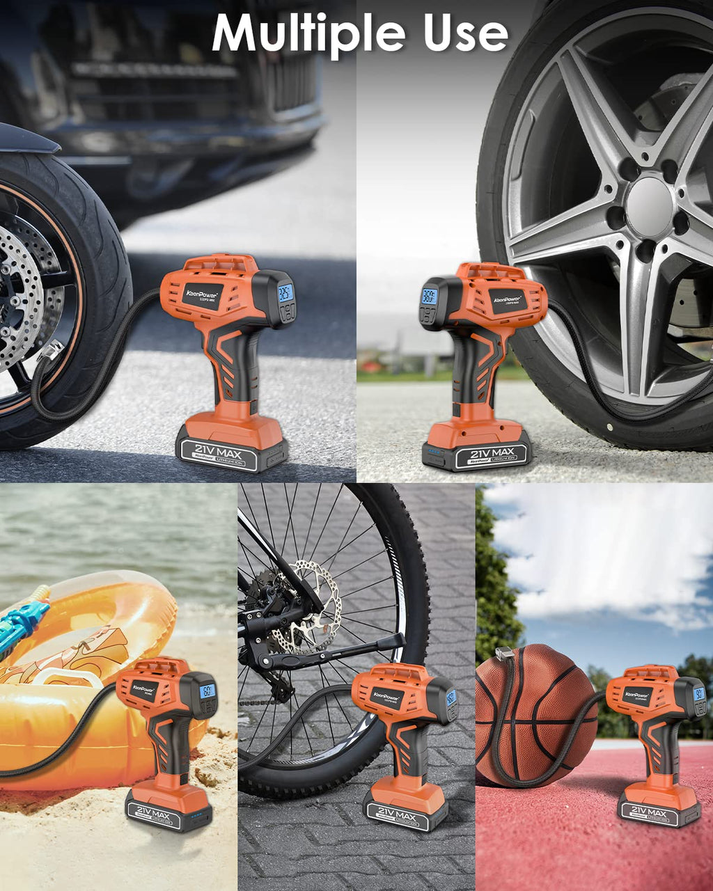 KeenPower Tire Inflator Portable Air Compressor - 2X Faster - 21V Rechargeable Battery Powered Handheld 160PSI Tire Inflator, Dual Power Supply Modes, Portable Air Pump for Car Motorcycle E-Bike
