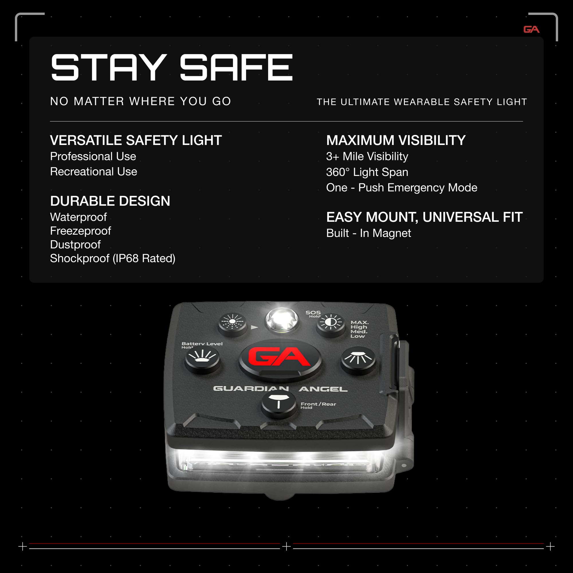 Guardian Angel Micro Series Personal Safety Lights - Rechargeable, Magnetic Wearable Safety Lights for Walking, Cycling, Kayaking, Fishing & More