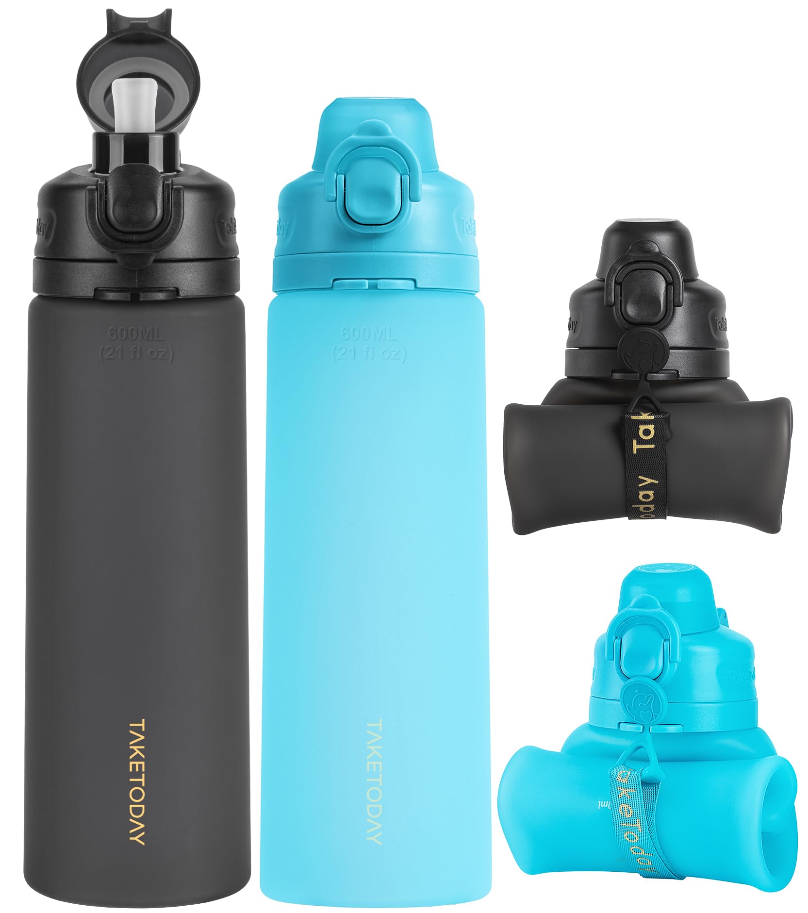 TakeToday Collapsible Water Bottles 21oz (600mL), Foldable Platinum Silicone Travel Water Bottle with Straw & Carry Strap, Leak-Resistant Screw Lid, Wide Mouth, BPA-Free for Hiking, Camping, Travel