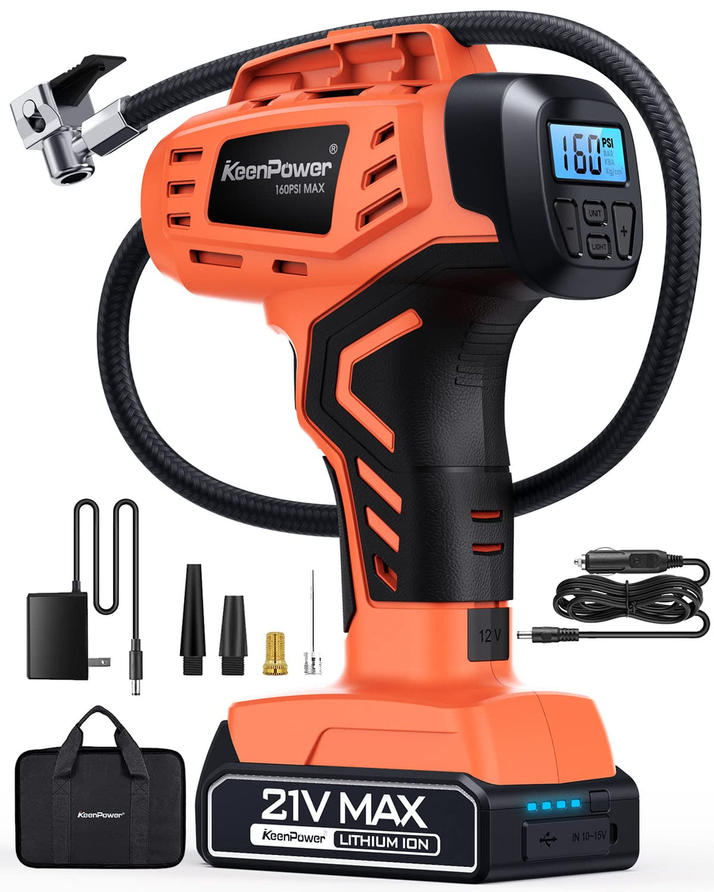 KeenPower Tire Inflator Portable Air Compressor - 2X Faster - 21V Rechargeable Battery Powered Handheld 160PSI Tire Inflator, Dual Power Supply Modes, Portable Air Pump for Car Motorcycle E-Bike