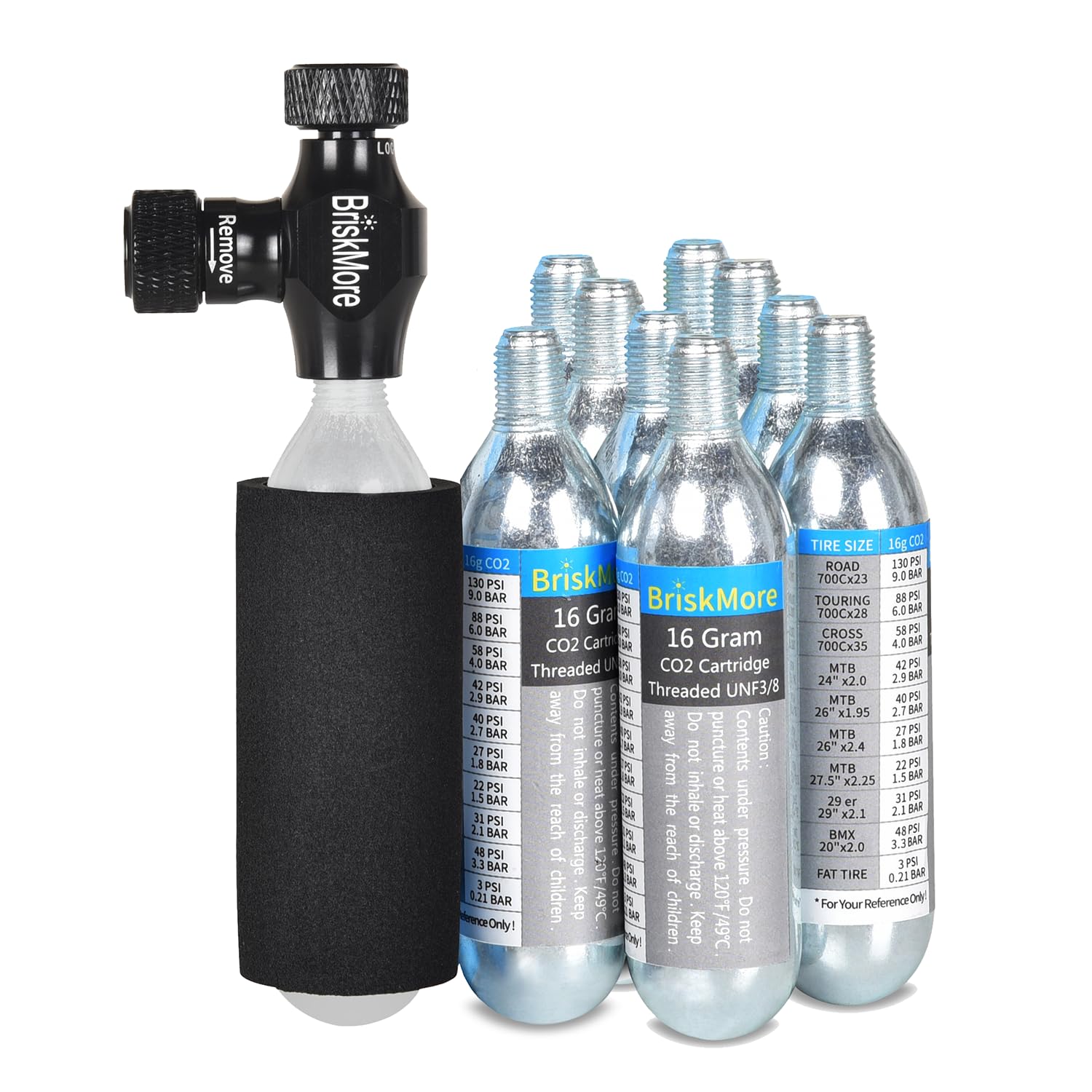 BriskMore CO2 Inflator Kits with 9X16g or 5 X 16g CO2 Cartridges, Presta and Schrader Valve Compatible, Bike Tire CO2 Pump, Included Insulated Sleeve
