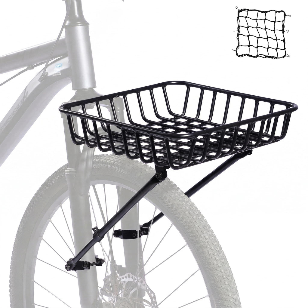 Bike Front Rack - Front Bicycle Cargo Rack with Support Struts & Adjustable Straps - Aluminium Front Cargo Pizza Rack, Stable & No Rattle, Universal Fit for Mountain, Gravel & Touring Bikes