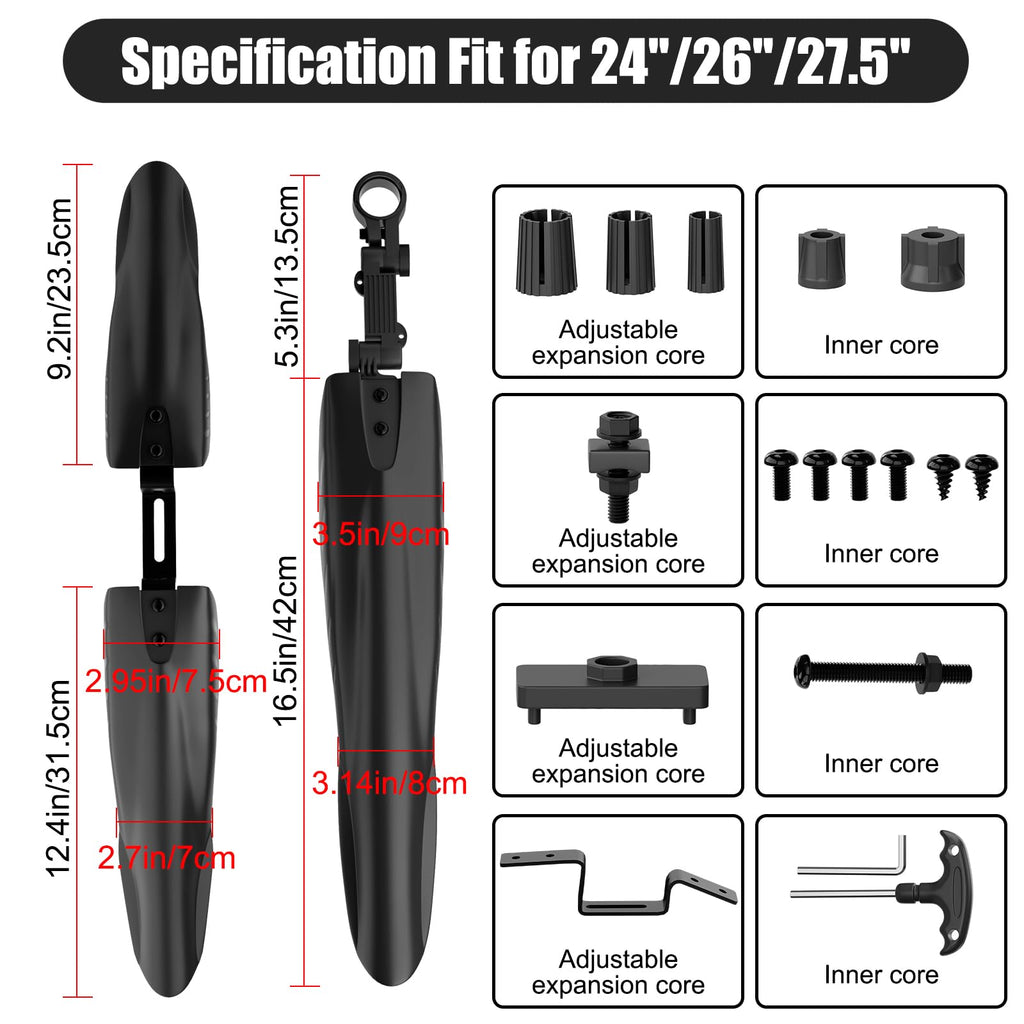 Cooryda Bike Mudguard Set, Adjustable Bicycle Mudguards - Front and Rear Mud Flaps for MTB, Road Bike - Fits 24/26/27.5 inch Wheels