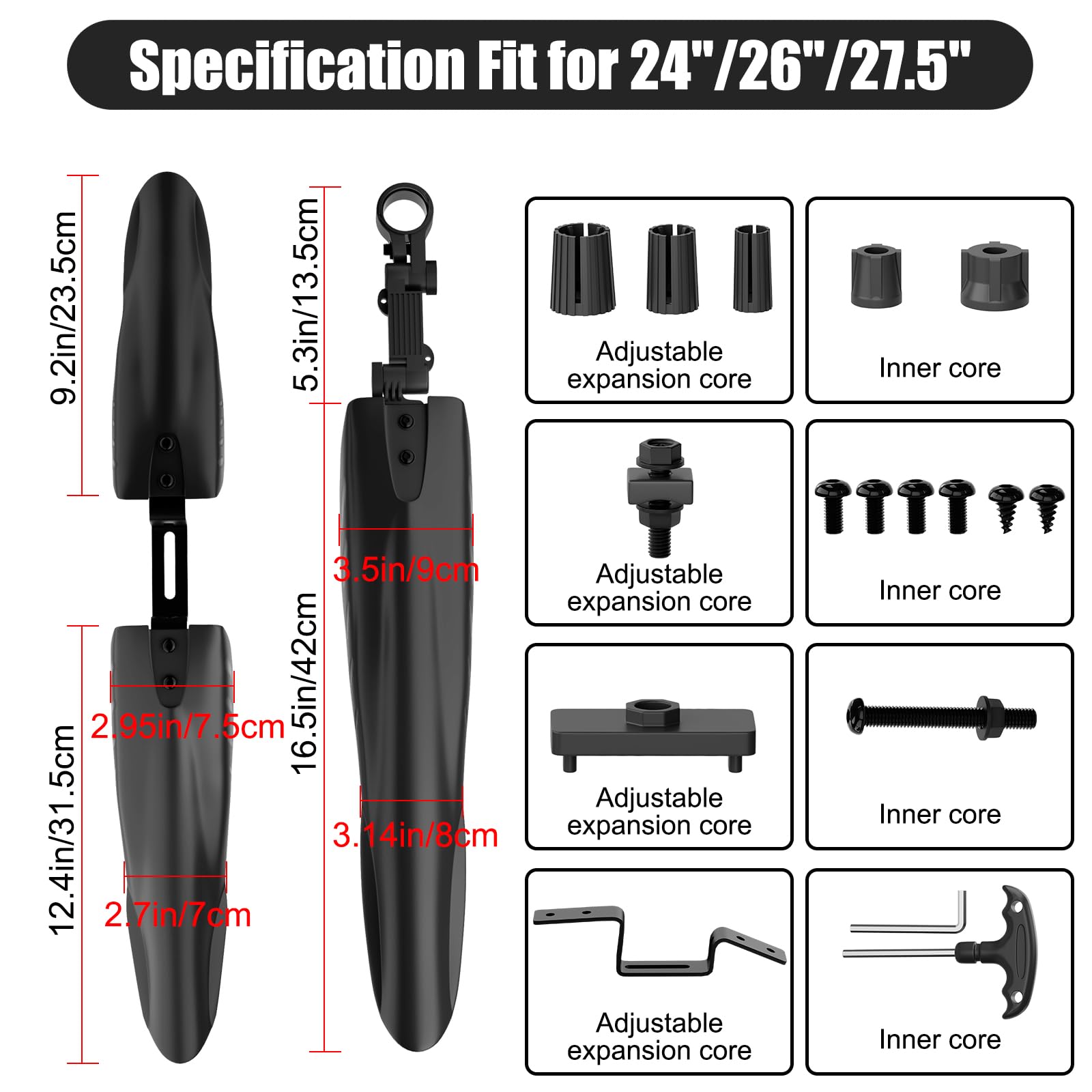 Cooryda Bike Mudguard Set, Adjustable Bicycle Mudguards - Front and Rear Mud Flaps for MTB, Road Bike - Fits 24/26/27.5 inch Wheels