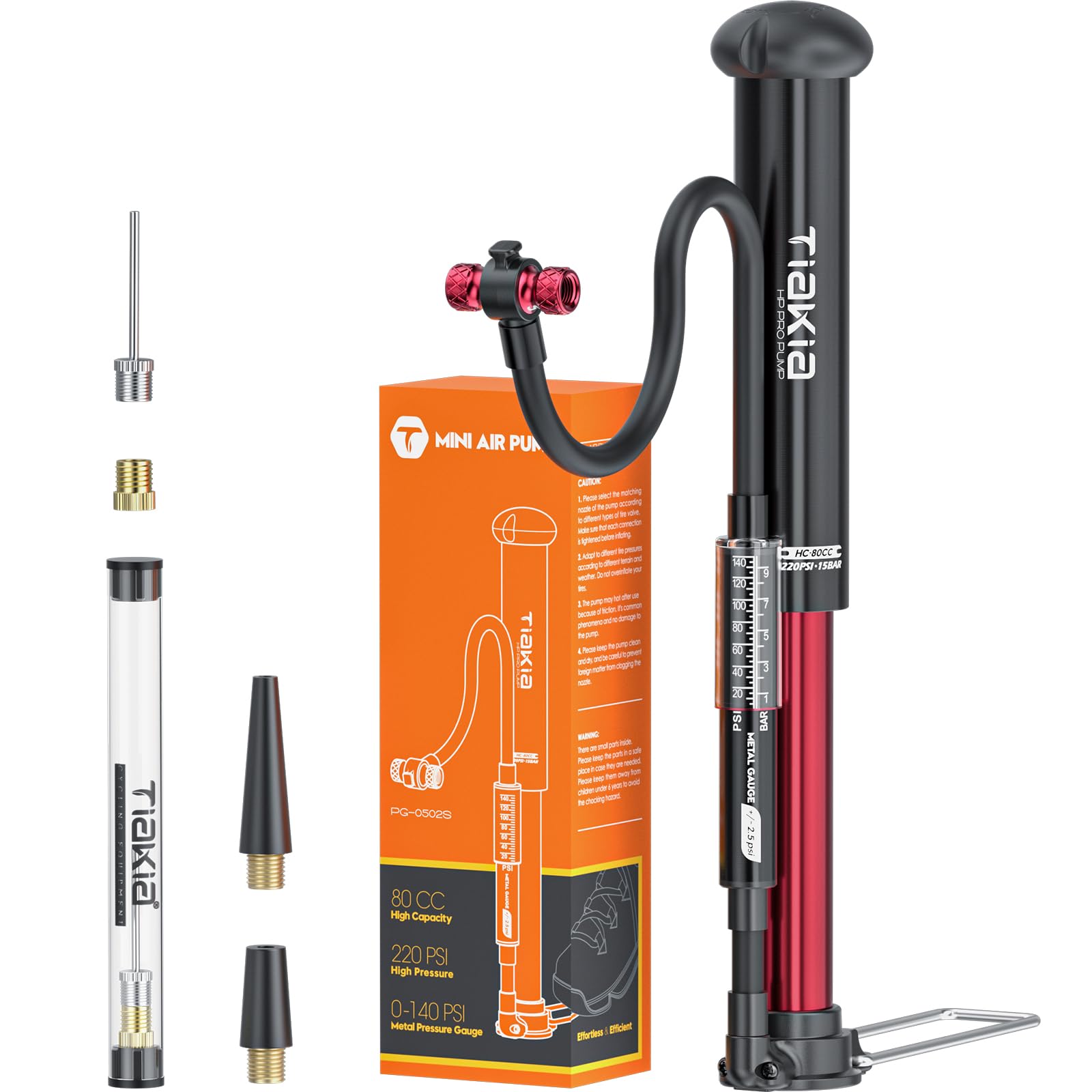 Tiakia Bike Pump with Gauge, High Pressure Bicycle Pump High Volume Portable Hand Air Pump Fit Presta, Schrader Valves Aluminum Bike Tire Pump for Mountain Road Bike, Strollers, Balls