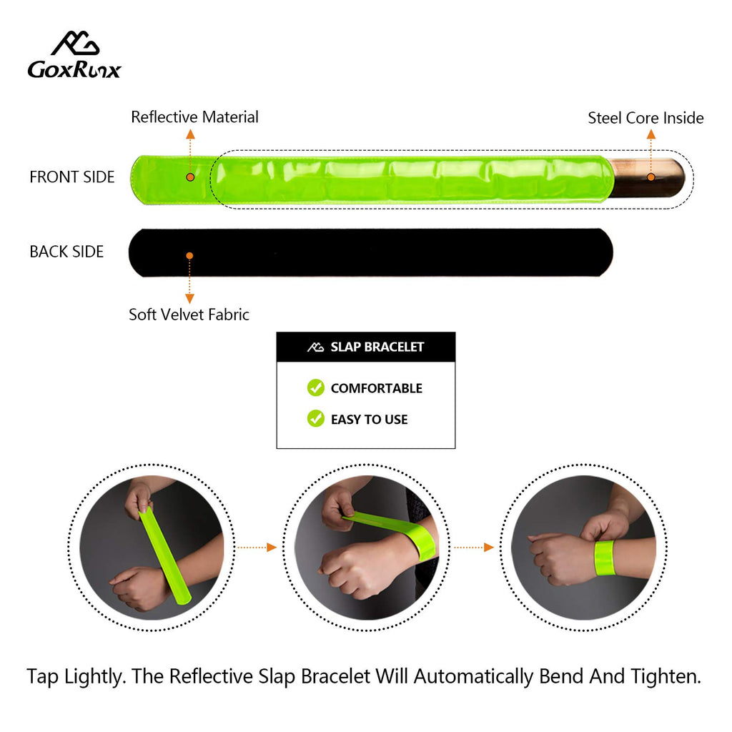 GoxRunx Reflective Bands Running Gear 6 Pack-Adjustable Reflective Armband Arm Wrist Ankle Leg Bands Reflectors -Reflective Tape Straps for Clothing Night Running Cycling Walking -Slap Bracelets