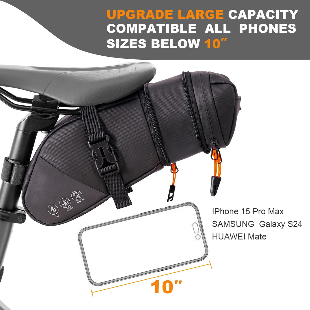NDakter Bike Saddle Bag Waterproof Bike Seat Bag Expandable to 2L Reflective Bicycle Under Seat Storage Pouch