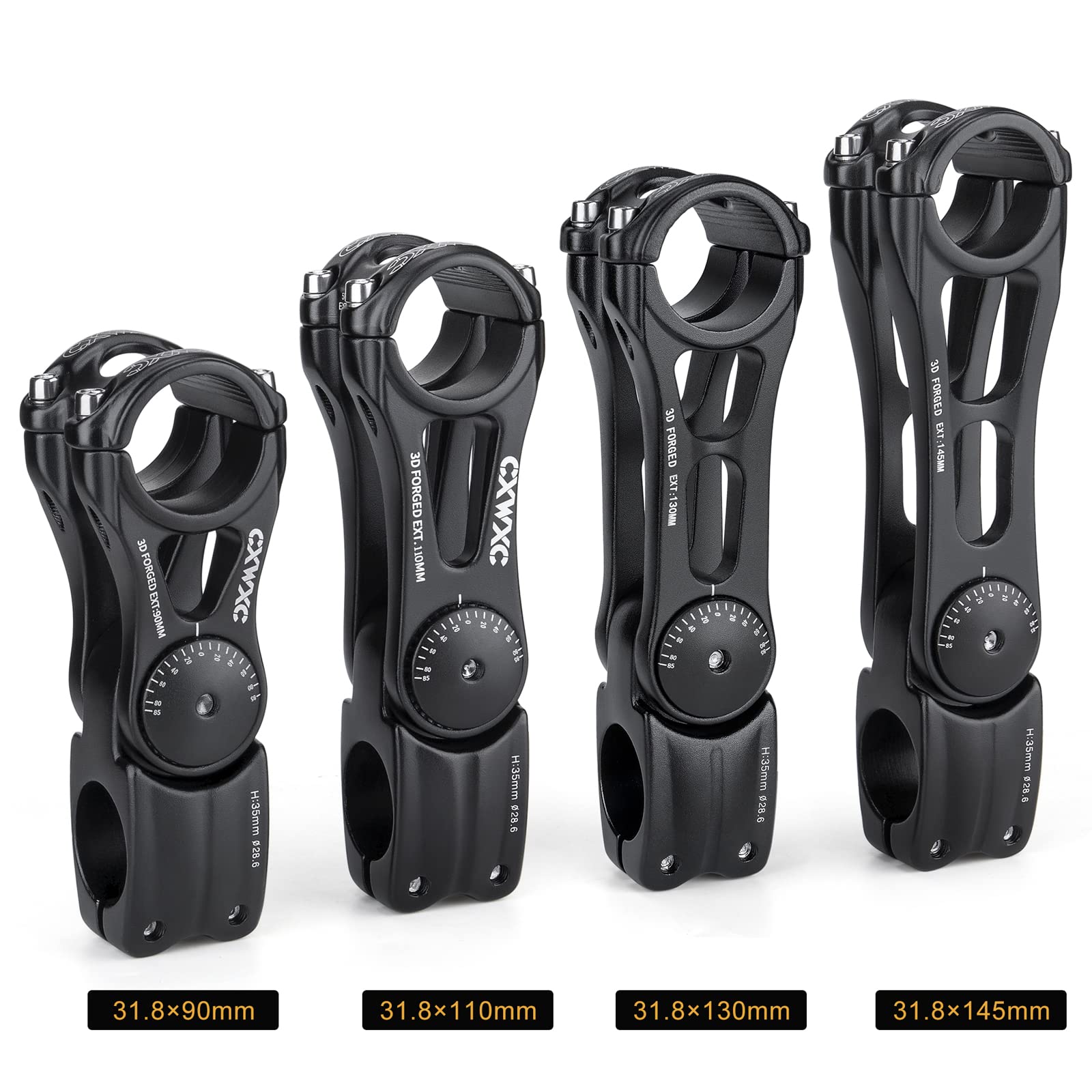 CXWXC Adjustable MTB Stem 31.8mm 70 Degree - 90/110/145mm Bike Stem Riser for Handlebar - Aluminum Alloy Mountain Bike Handlebar Riser Extender for MTB Road City Bike Bicycle