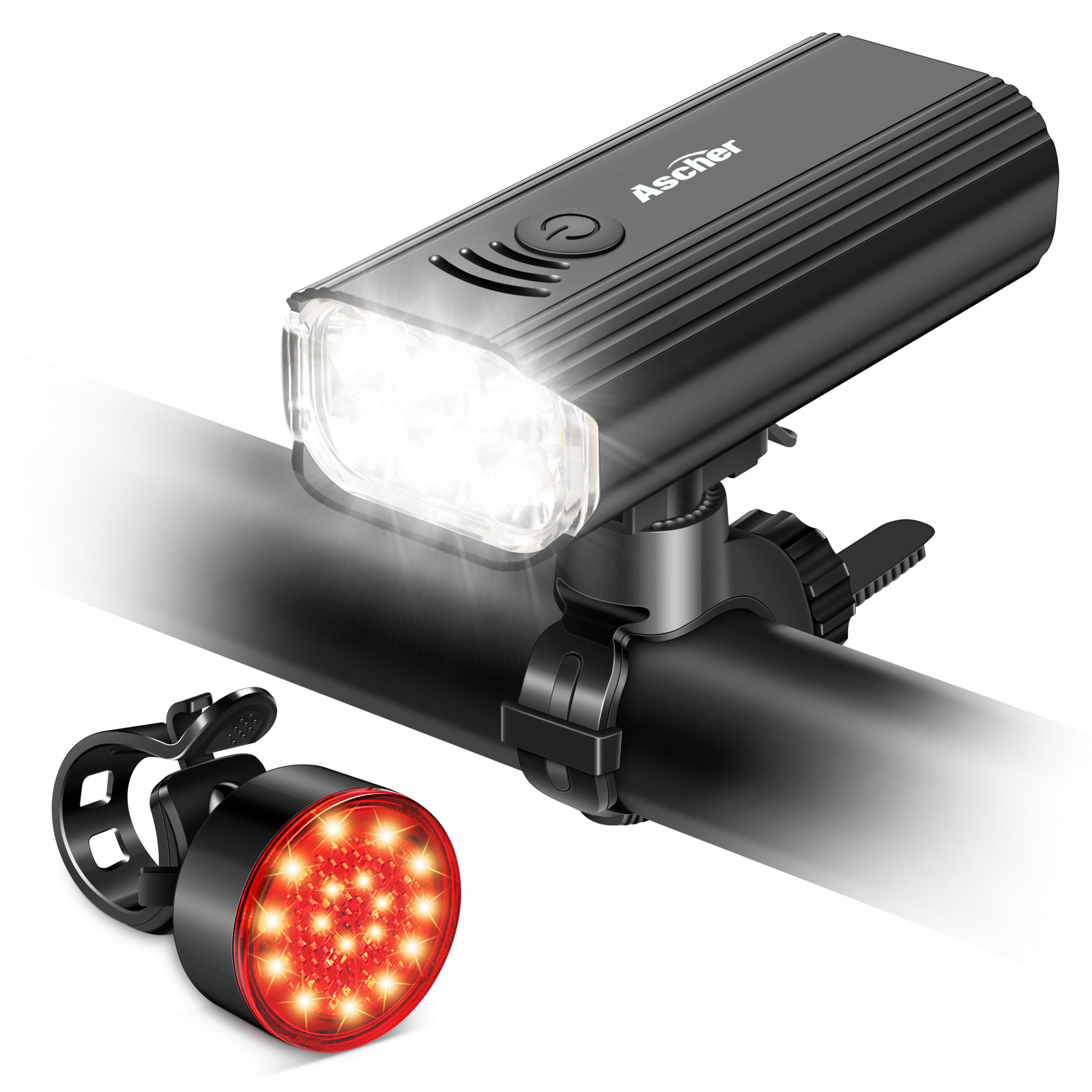 Ascher Ultra Bright USB Rechargeable Bike Light Set, Powerful Bicycle Front Headlight and Back Taillight, 4 Light Modes, Easy to Install for Men Women Kids Road Mountain Cycling