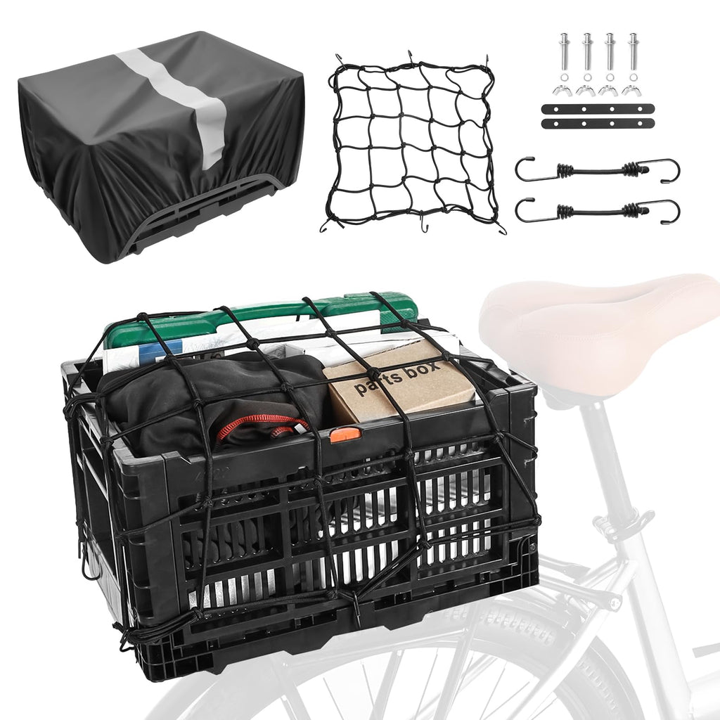 YEEGO DIRECT Bike Basket Rear,Foldable Bike Cargo Basket, Plastic Collapsible Basket for Bicycle, Rear Bike Baskets Storage Bike Milk Crate Rear Rack,Waterproof Cover for Outings,Pets E-Bike
