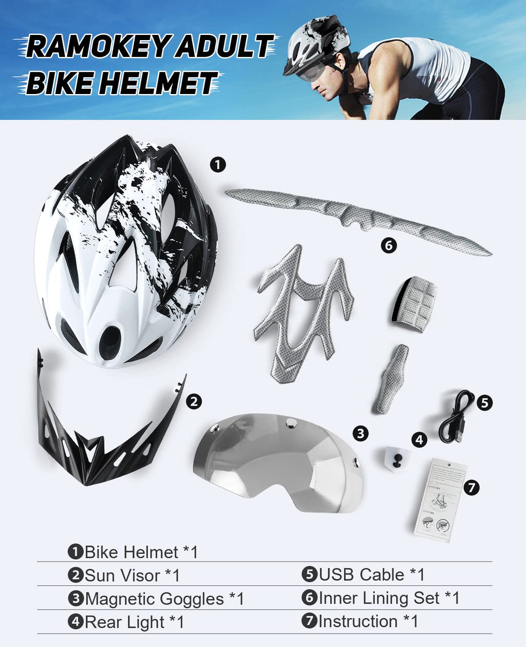 tadpole Bike Helmet with Light & Goggles, Bicycle Helmets Men Women Adult