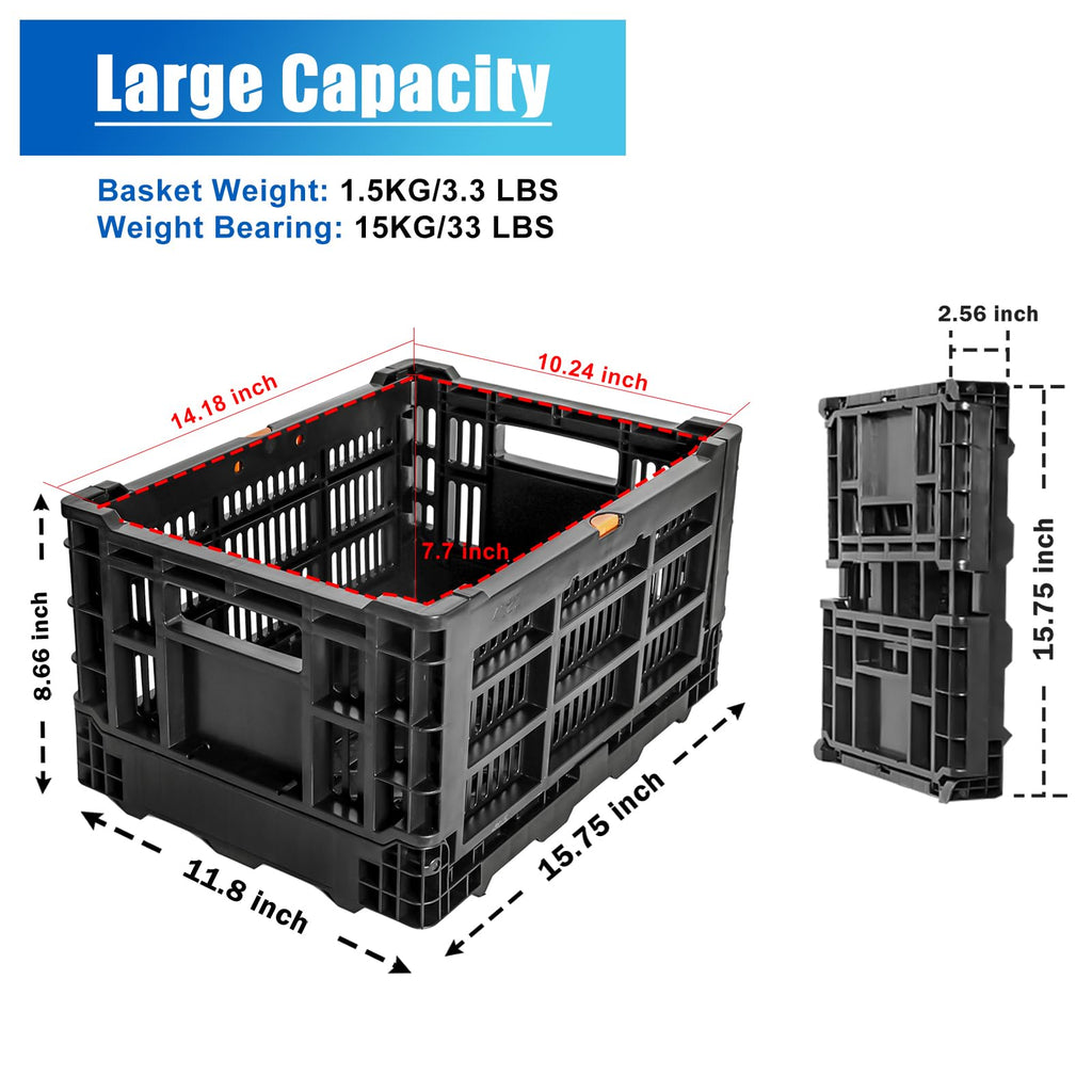 YEEGO DIRECT Bike Basket Rear,Foldable Bike Cargo Basket, Plastic Collapsible Basket for Bicycle, Rear Bike Baskets Storage Bike Milk Crate Rear Rack,Waterproof Cover for Outings,Pets E-Bike