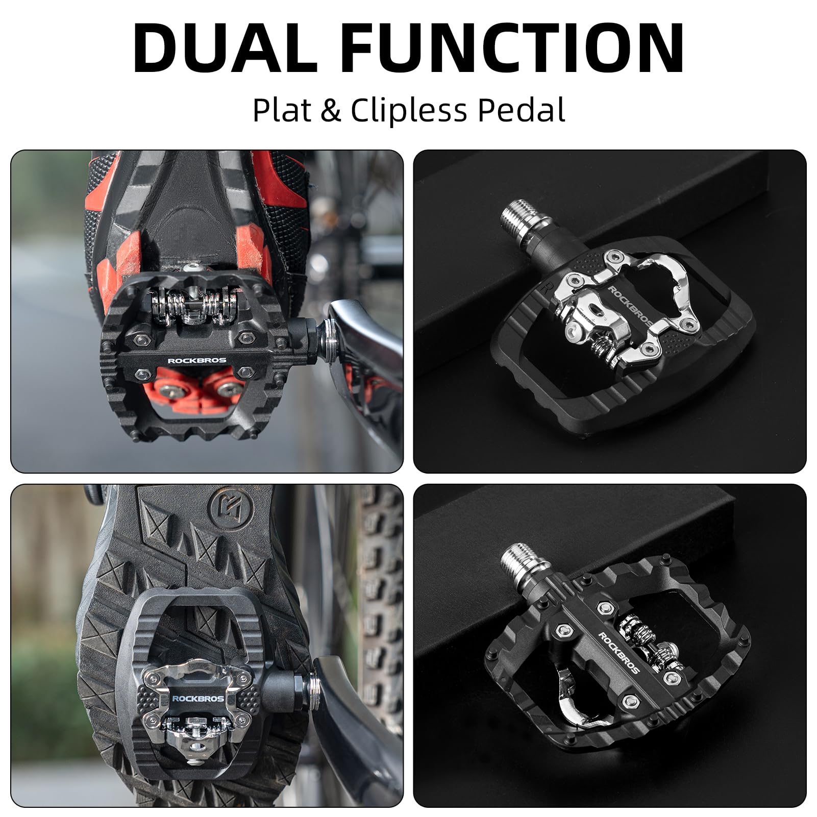 ROCKBROS SPD MTB Pedals Dual Function Clipless Flat Bike Pedals