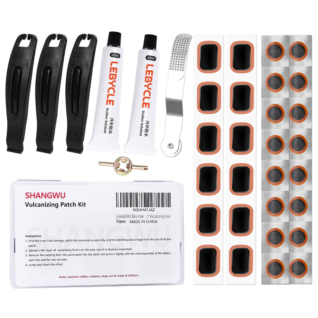 SHANGWU 35 PCS Bike Tire Repair Kit, Bicycle Inner Tube Patch Kit with 28 PCS Vulcanizing Patches,Rubber Solution, Metal Rasp, Bike Tire Levers, Bike Patch Kit with Portable Box for MTB BMX Road Bike