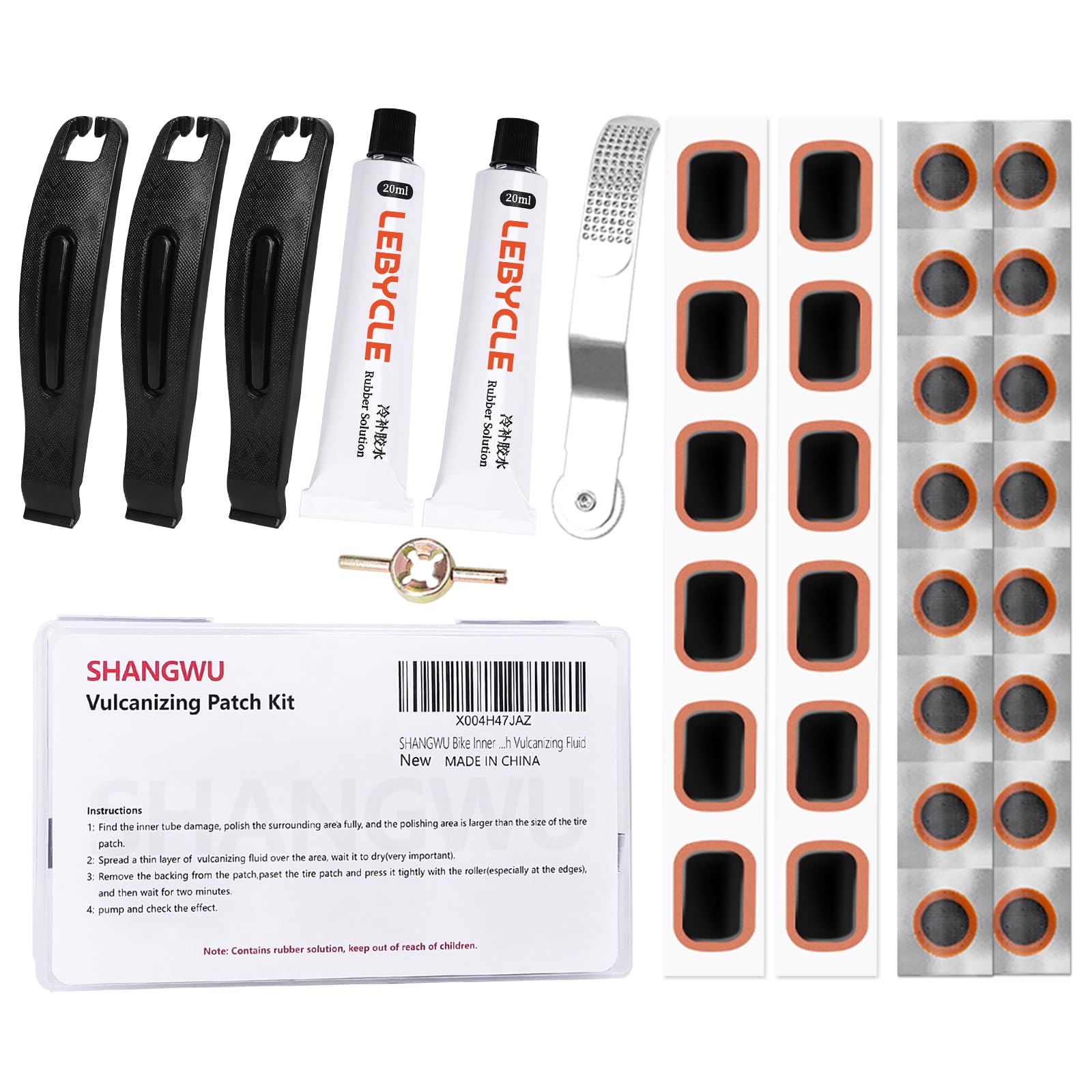 SHANGWU 35 PCS Bike Tire Repair Kit, Bicycle Inner Tube Patch Kit with 28 PCS Vulcanizing Patches,Rubber Solution, Metal Rasp, Bike Tire Levers, Bike Patch Kit with Portable Box for MTB BMX Road Bike